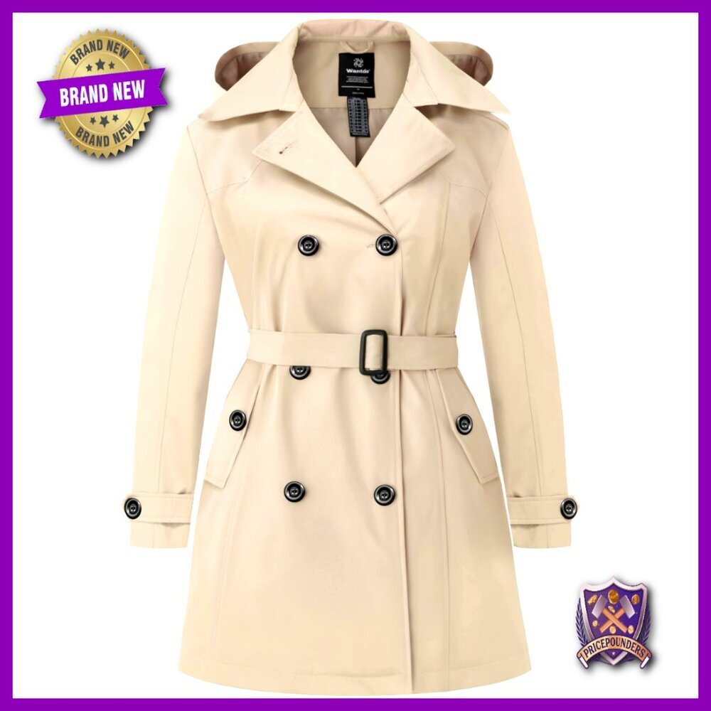 Plus Size Trench Coat Waterproof Double-Breasted Pea Coat Detachable Hood